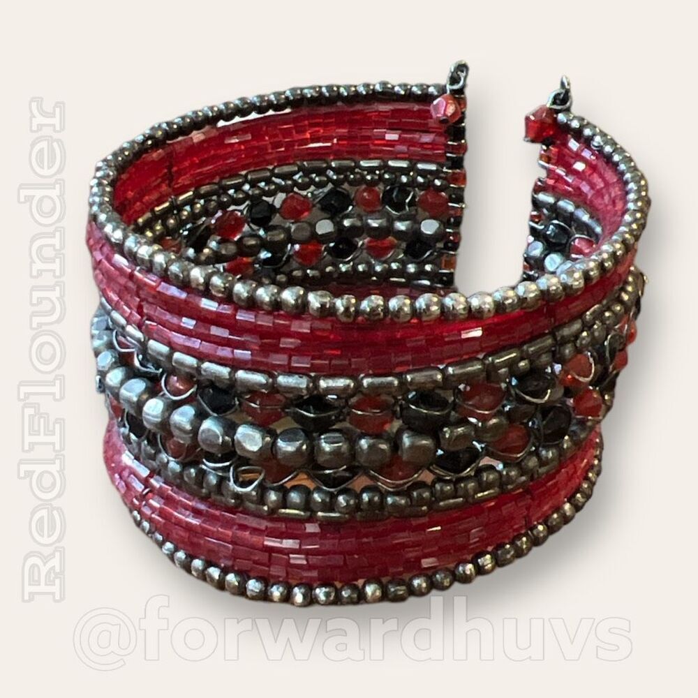 Multi-Strand Red & Black Wire Bead Cuff